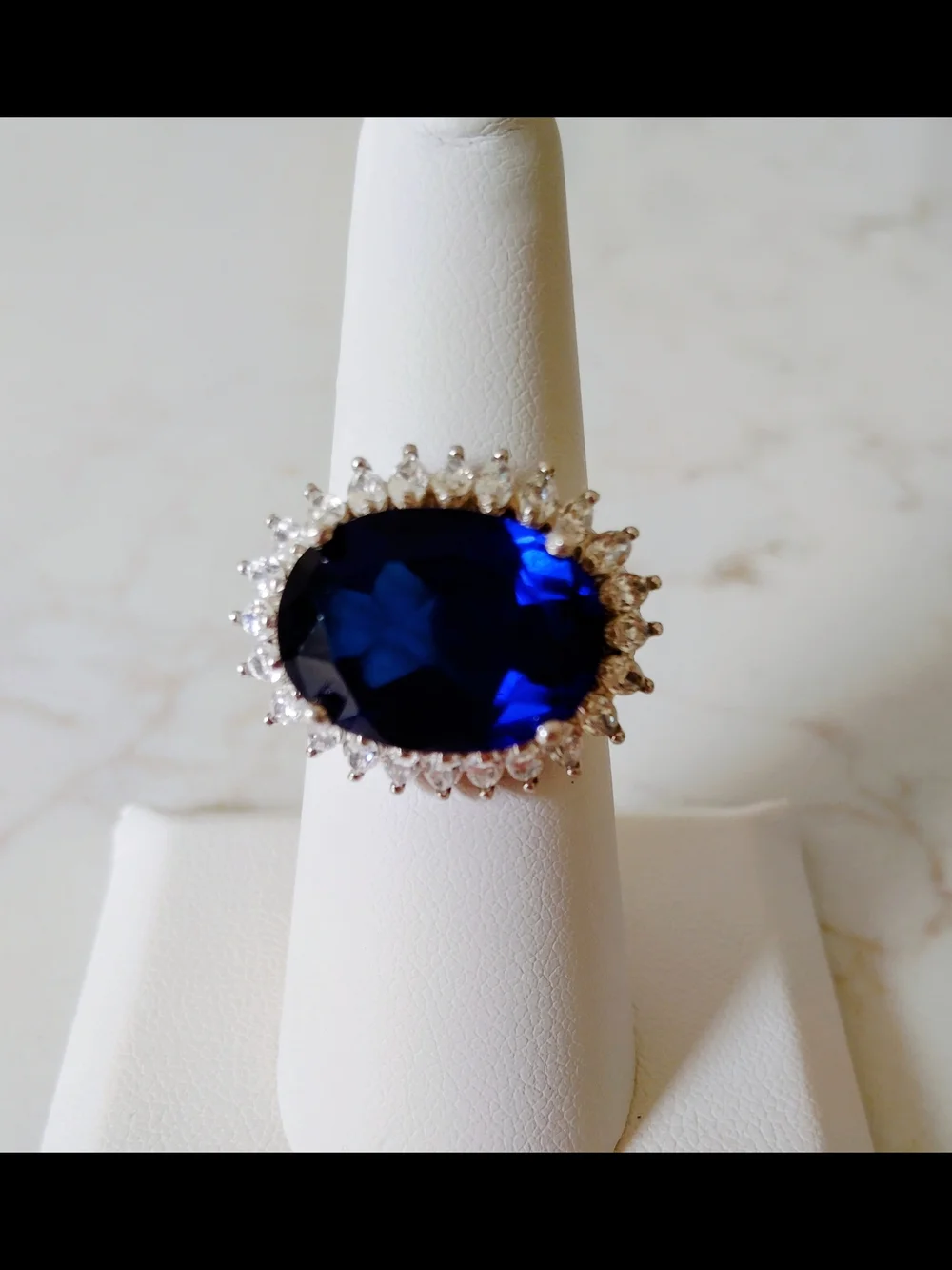 Lab Grown Blue Sapphire Oval Halo Ring East-West Princess Diana Sz 7 Sterling